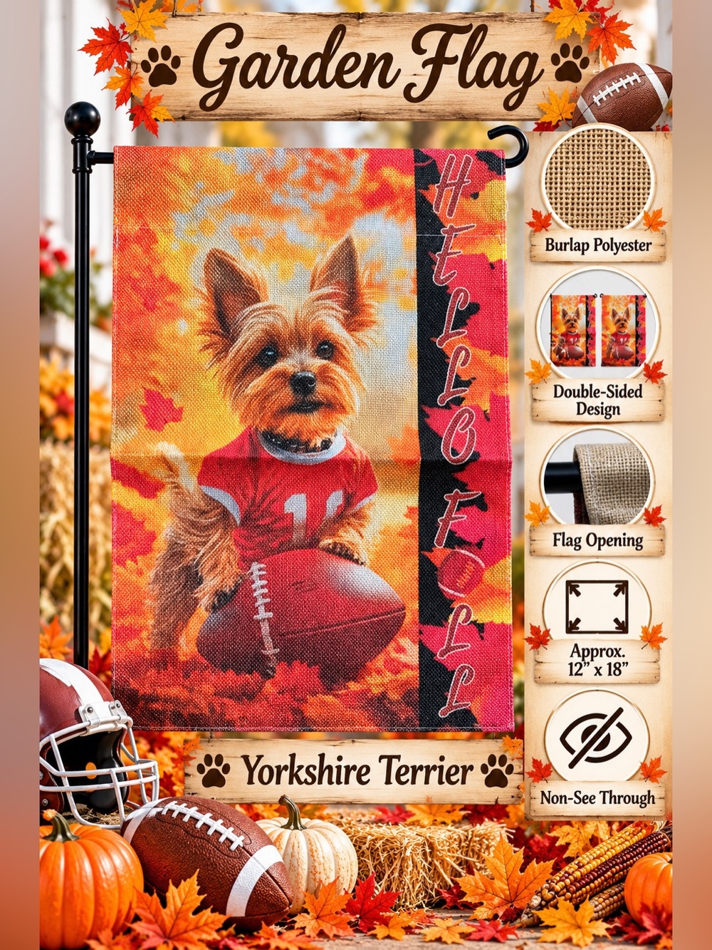 Garden Flag - Yorkshire Terrier Autumn Football, burlap, double sided, 12“x18”